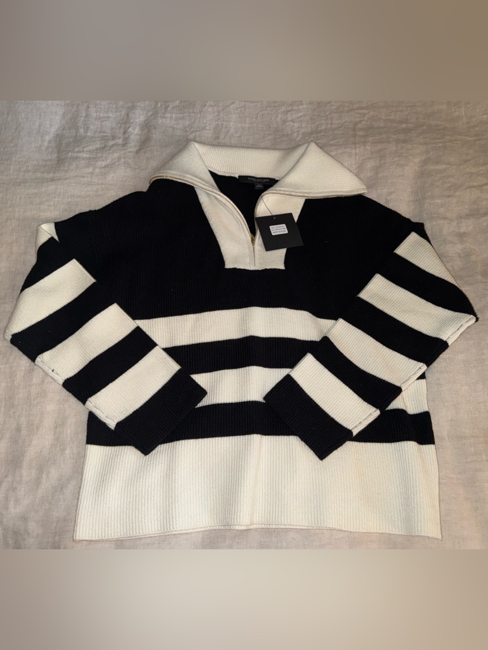 Marc New York Black and Ivory Striped Half-Zip Turtleneck Sweater